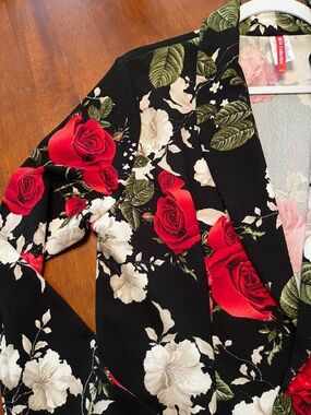 MOA USA Black Blazer with Red Rose and White Floral Print